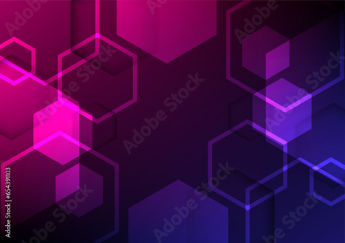 Abstract glowing hexagon shape on dark blue and purple background. Technology, digital, futuristic concepts. Vector Illustration.