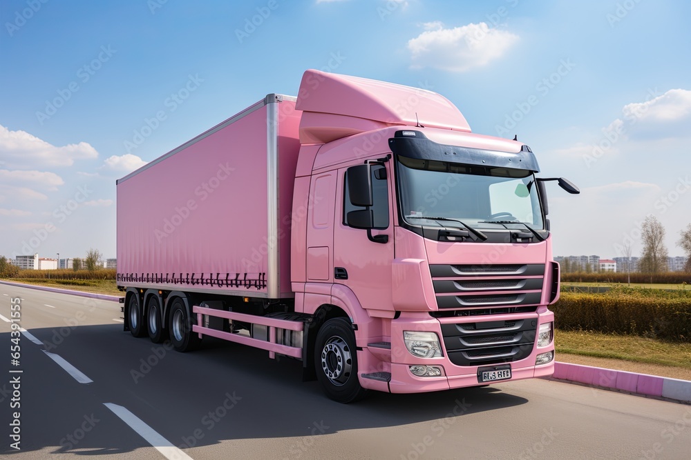 pink Truck on the road on a sunny day