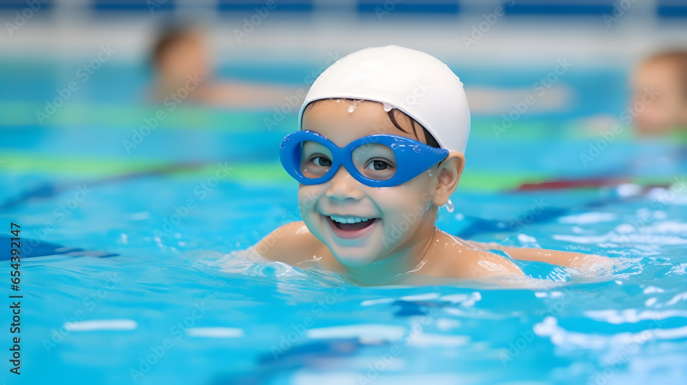 Cute boy in goggles relaxing and floating in swimming pool