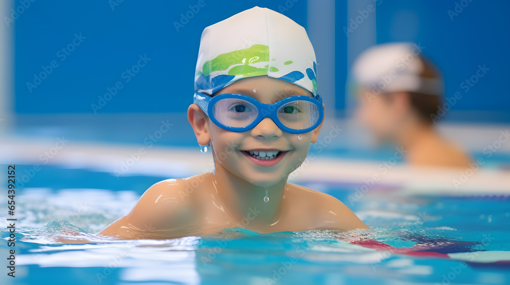 Naklejka premium Cute boy in goggles relaxing and floating in swimming pool