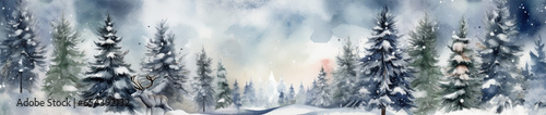 Snowy forest of green and blue spruces, snowfall, gray deer on foreground. Winter, Christmas banner.