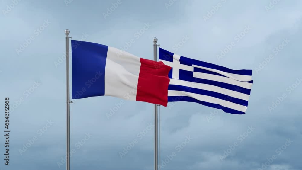 Greece flag and France flag waving together on cloudy sky, endless seamless loop, two country relations concept Greece flag and France flag waving together on cloudy sky, endless seamless loop, two country relations concept