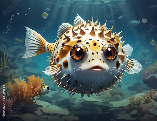 Cute puffer fish in the ocean beautiful. Ai generative