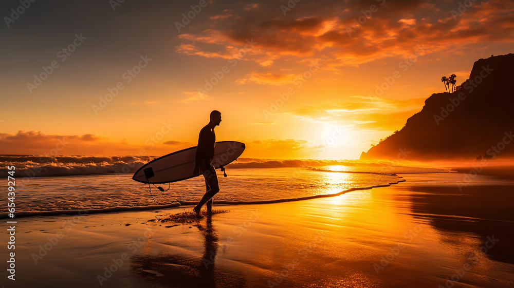 Surfer with surfboard on the beach at sunset. AI generated Surfer with surfboard on the beach at sunset. AI generated