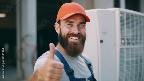 Male Electrician Gesturing Thumbs Up, Air conditioner repairmen work on home unit.