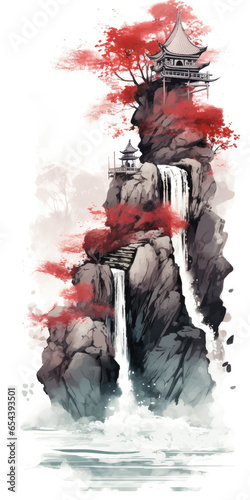 waterfall in the forest zen autumn landscape - by generative ai