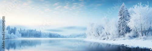Winter atmospheric landscape with frost-covered,Merry X-Mas, Generative AI © kanesuan