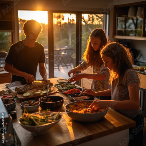 happy family funny teeneger cooking together photo