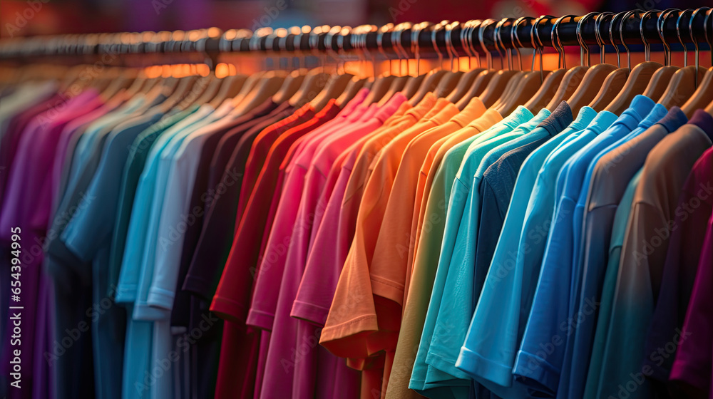 Apparel cloth, Colorful t-shirts on hangers. Generative Ai Apparel cloth, Colorful t-shirts on hangers. Generative Ai