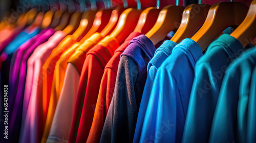 Apparel cloth, Colorful t-shirts on hangers. Generative Ai