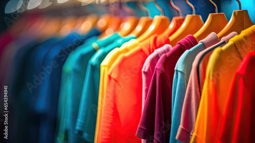 Apparel cloth, Colorful t-shirts on hangers. Generative Ai