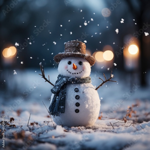 Winter atmospheric landscape with frost-covered, Snowman, Generative AI © kanesuan