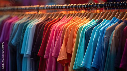 Apparel cloth, Colorful t-shirts on hangers. Generative Ai