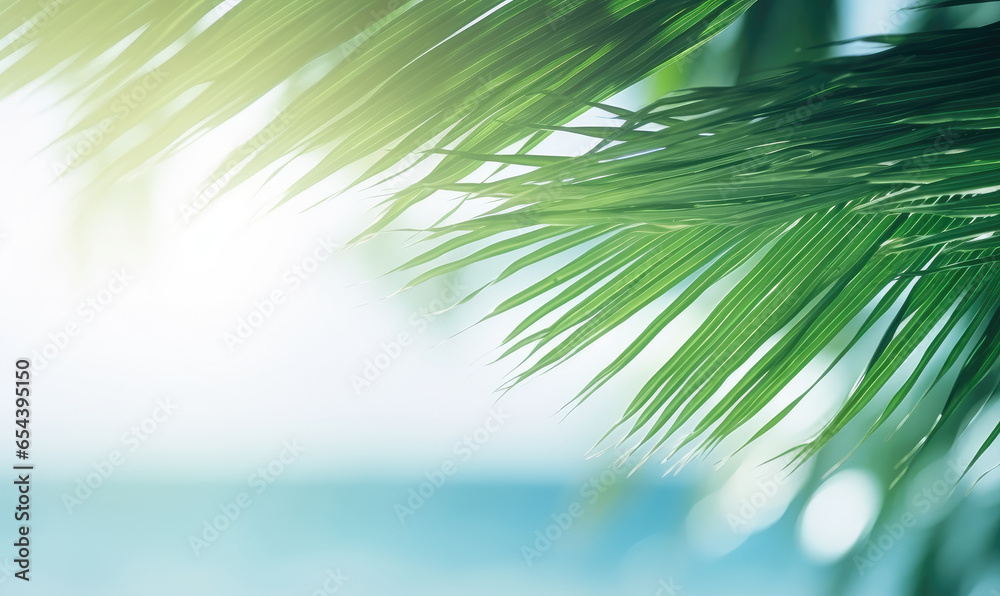 Close-up of palm leaf with blurred tropical beach.
