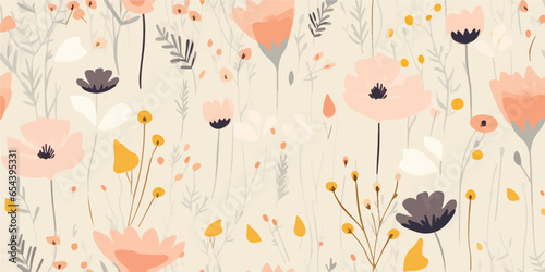 Colorful flower seamless pattern illustration. Children style floral doodle background, funny basic nature shapes wallpaper.