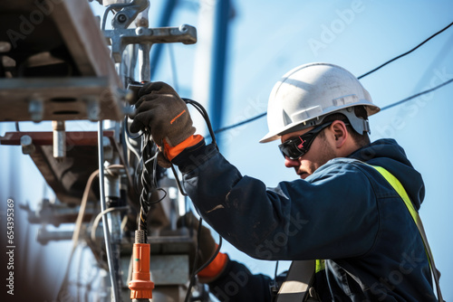 Electrical worker working on a high voltage power pole
