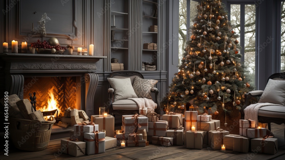 A cozy living room adorned with twinkling Christmas lights, where a beautifully decorated tree stands tall, surrounded by presents wrapped in festive paper.