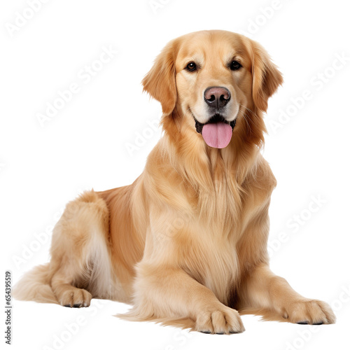 Funny golden retriever dog lying and looking at camera isolated on white background