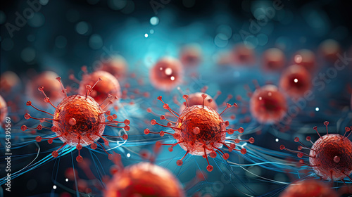 Coronavirus cells, virus background with disease cells and red blood cell. Pandemic medical health risk concept © vejaa