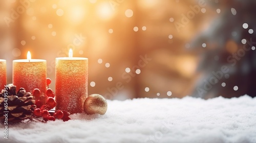 Christmas decorations candles, snowy backgroundai generated Christmas background illustration photo