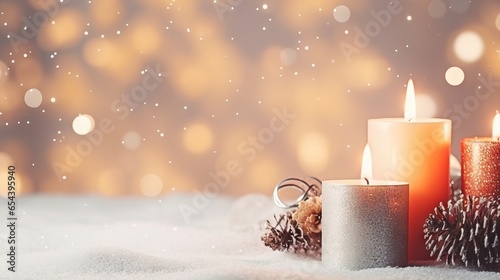 Christmas decorations candles, snowy backgroundai generated Christmas background illustration photo