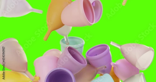 3d render animation of the fall of colorful bright menstrual cups. Women's intimate hygiene products fall and fill the screen to the brim. The concept of the benefits of using reusable hygiene product photo