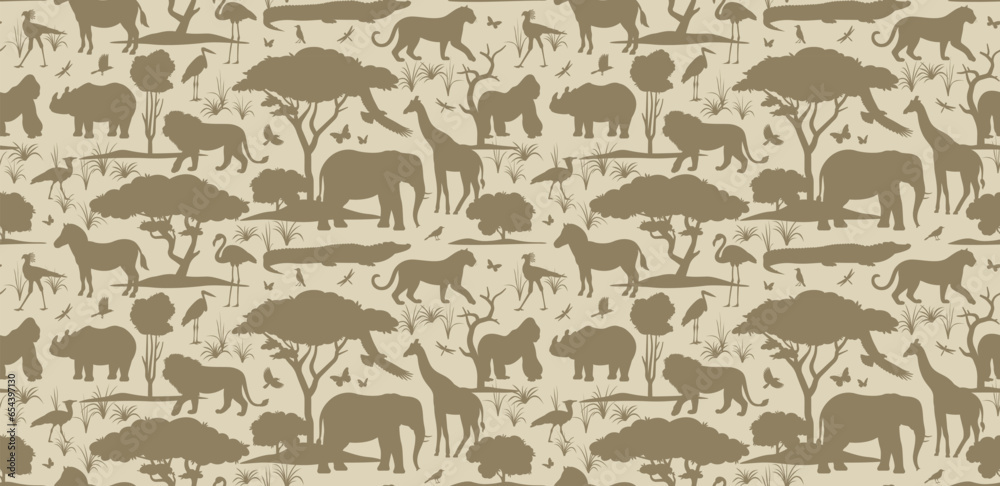 Fototapeta premium African animals in the habitat seamless pattern. Vector silhouette illustration of wildlife. Wild nature wallpaper for home decoration, fabric, postcard, print, poster etc.