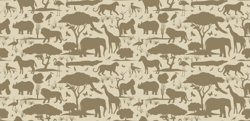 Gardinen Tiermuster African animals in the habitat seamless pattern. Vector silhouette illustration of wildlife. Wild nature wallpaper for home decoration, fabric, postcard, print, poster etc.  © Anastasiia Neibauer