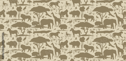 African animals in the habitat seamless pattern. Vector silhouette illustration of wildlife. Wild nature wallpaper for home decoration, fabric, postcard, print, poster etc. © Anastasiia Neibauer
