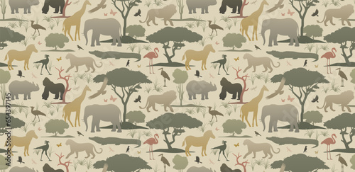 African animals in the habitat seamless pattern. Vector silhouettes of wildlife. Earthy color palette gradient illustration. Wild nature wallpaper for home decoration, fabric, postcard, print, poster.