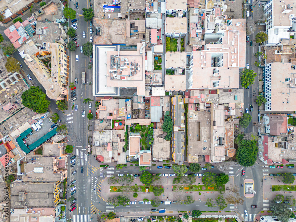 2D aerial view (two dimensions) of the Barranco neighborhood in Lima, Peru in 2023.