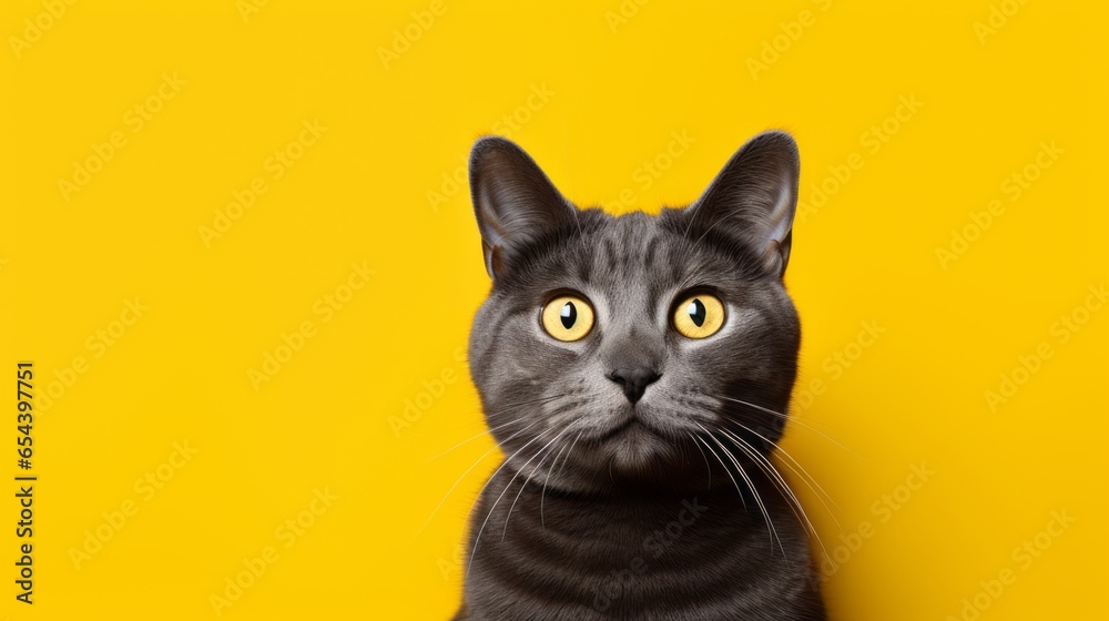 Portrait of a gray cat looking curiously at the viewer, on a yellow background