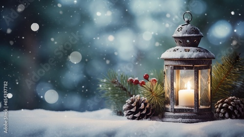 Christmas lantern snowy decorations ai generated Christmas background illustration © moon