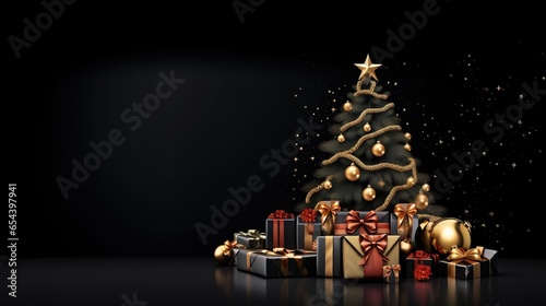 Christmas tree decorations, gifts black backgroundai generated Christmas background illustration © moon