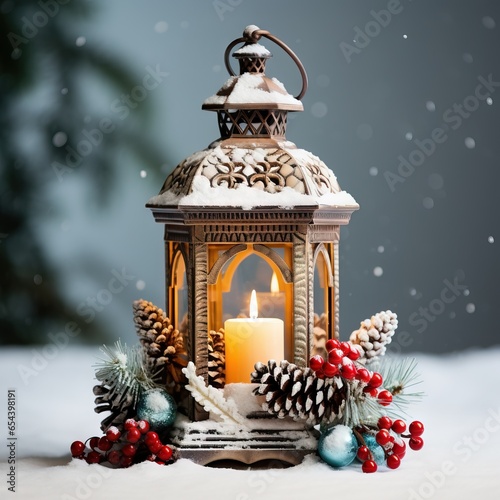 Lantern, snowfall, christmas decorationsai generated Christmas background illustration photo