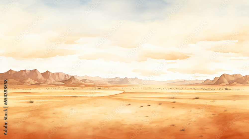 orange and yellow sandy landscape of a desert with cloudscape over the horizon watercolor - obrazy, fototapety, plakaty 