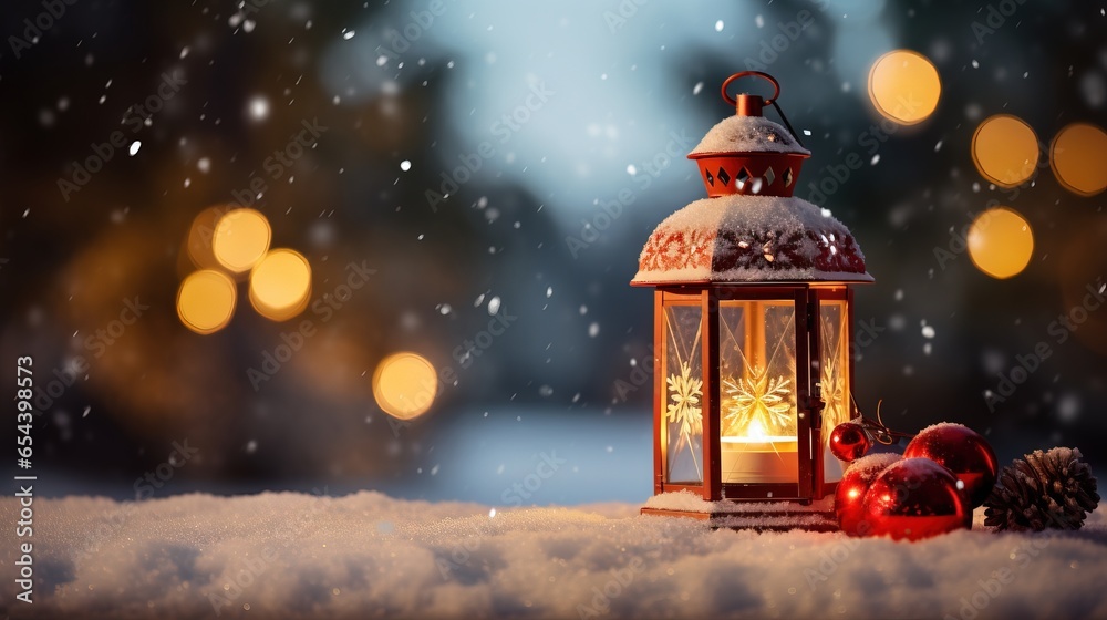 Lantern, snowfall, christmas decorationsai generated Christmas background illustration Lantern, snowfall, christmas decorationsai generated Christmas background illustration