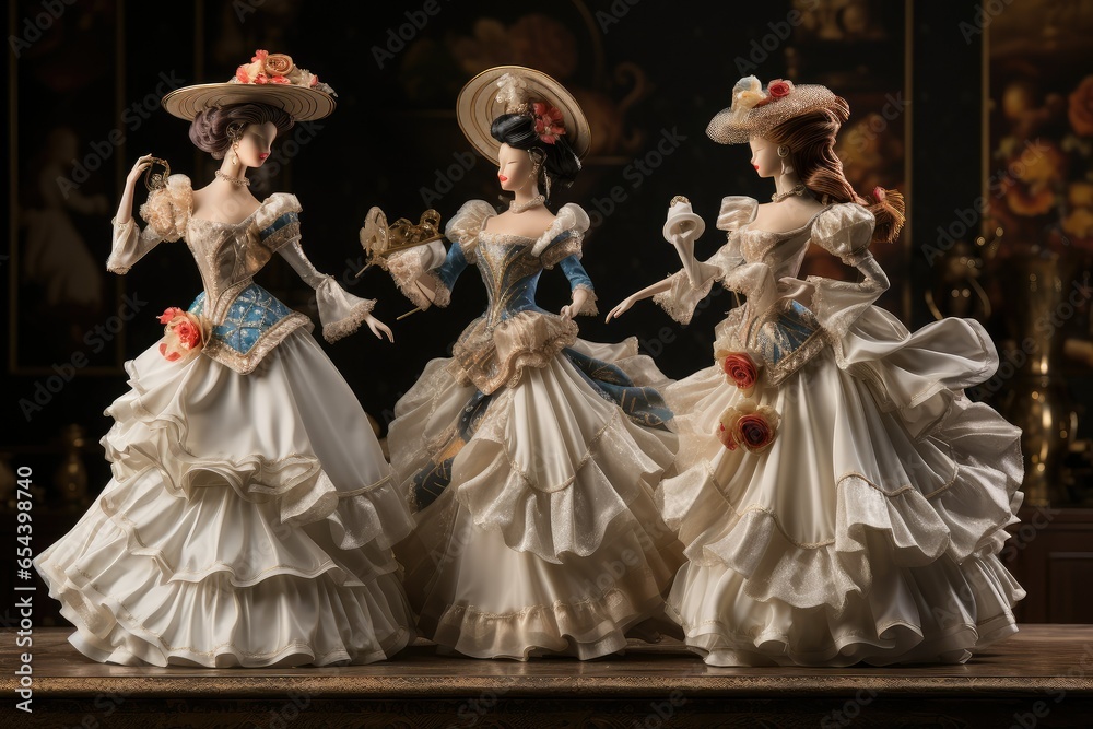 Beautiful antique dolls in baroque style on a wooden table, tutu clothing, dolls with tutu and hat costume, classical dolls performance, dolls dance - obrazy, fototapety, plakaty 