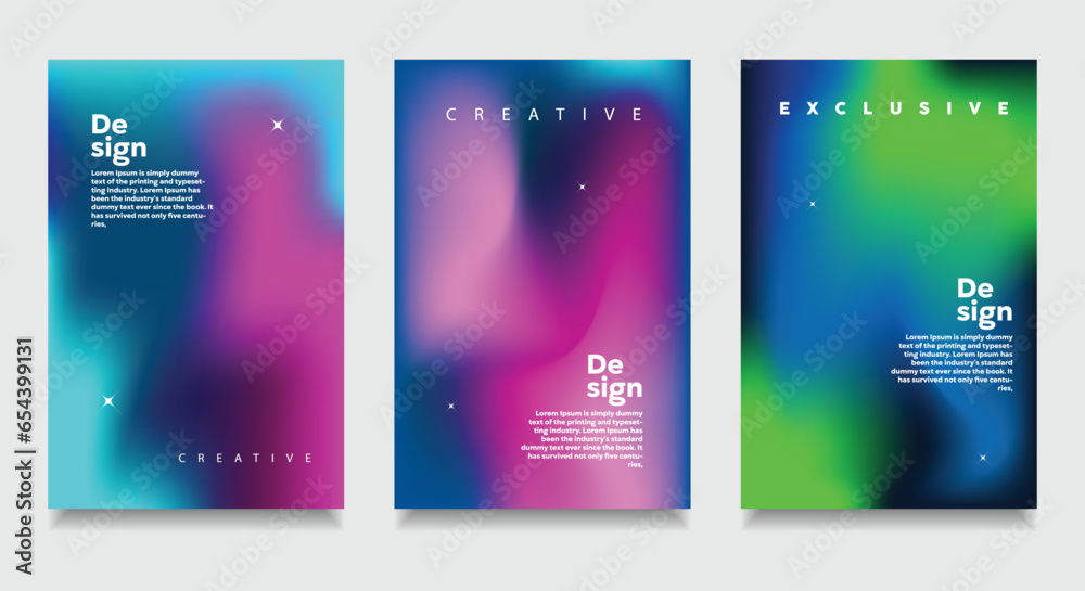 Colorful fluid and wavy gradient mesh background template copy space set. Dynamic colour gradation flow backdrop holo design for poster, banner, flyer, magazine, cover, brochure, festival, or event