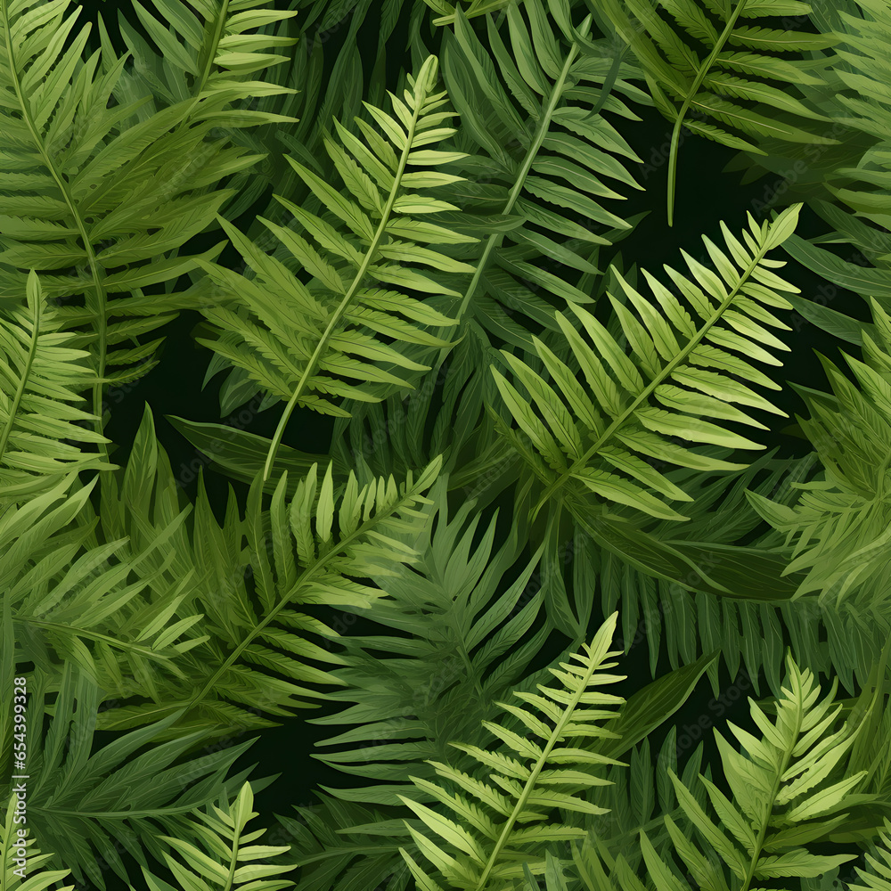 Fern leaves have a seamless pattern on a green background.