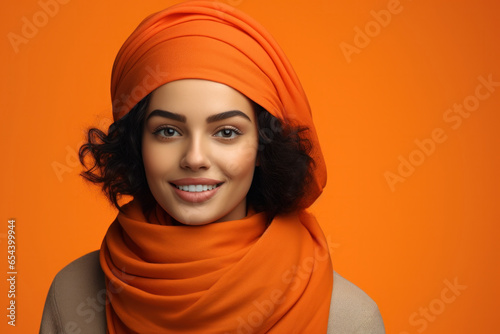 Radiant in Orange: A Happy Woman with an Orange Scarf and Hat, Creating a Vibrant Image with Space for Copy on an Orange Background.. © VK Studio