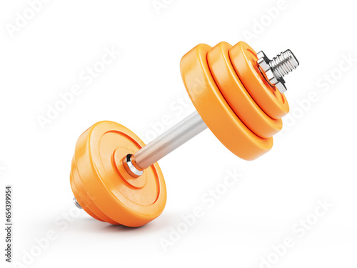 Orange gym dumbbell isolated on white background