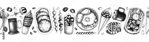 Traditional European Christmas market food. Fast food menu design. Vintage Christmas seamless pattern,  hand-drawn vector illustration. Pastries, sweets, grilled meat, raclette, hot drinks sketches.