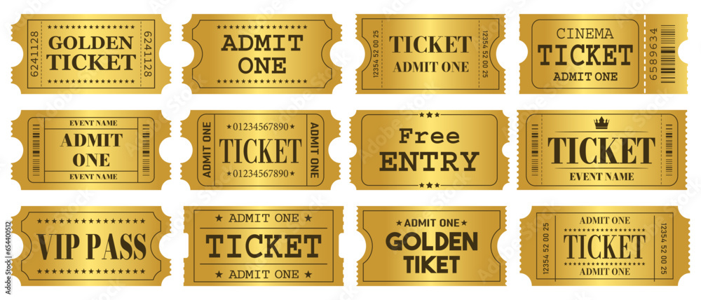 Vector set of golden ticket template. Invite ticket .Vector illustration. - obrazy, fototapety, plakaty 
