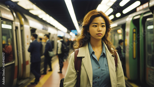 Portrait of young Asian woman waiting for a train at subway station