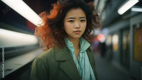 Portrait of young Asian woman waiting for a train at subway station