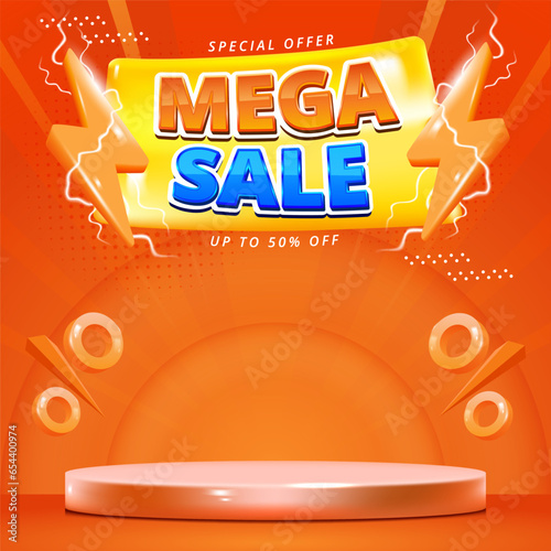 Sale Poster or banner template with blank product podium scene on orange background.Sales banner template design for social media and website.