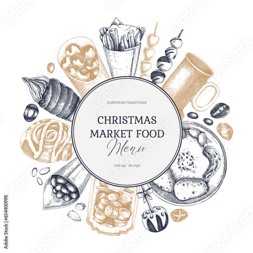 Christmas market food menu design. Hand-drawn vector illustration. Mulled wine, sweets, raclette, French fries, pastries, grilled sausages, roasted almond sketches. European Christmas fair wreath