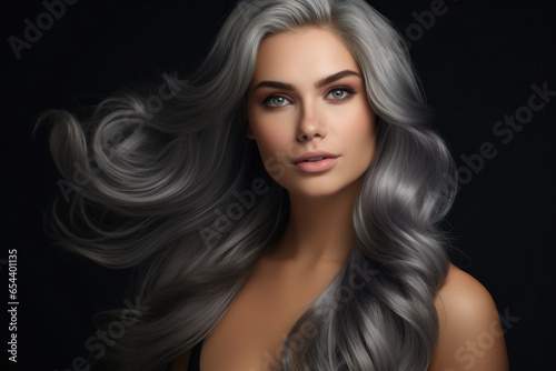 Elegantly Graceful: An Adorable Lady Showcasing Her Long, Healthy, Wavy Grey Hairdo, Set Against a Dark Background.