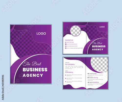 Corporate business bi fold brochure template. Modern, Creative and Professional bi fold brochure design. Simple and minimalist promotion layout with purple color photo